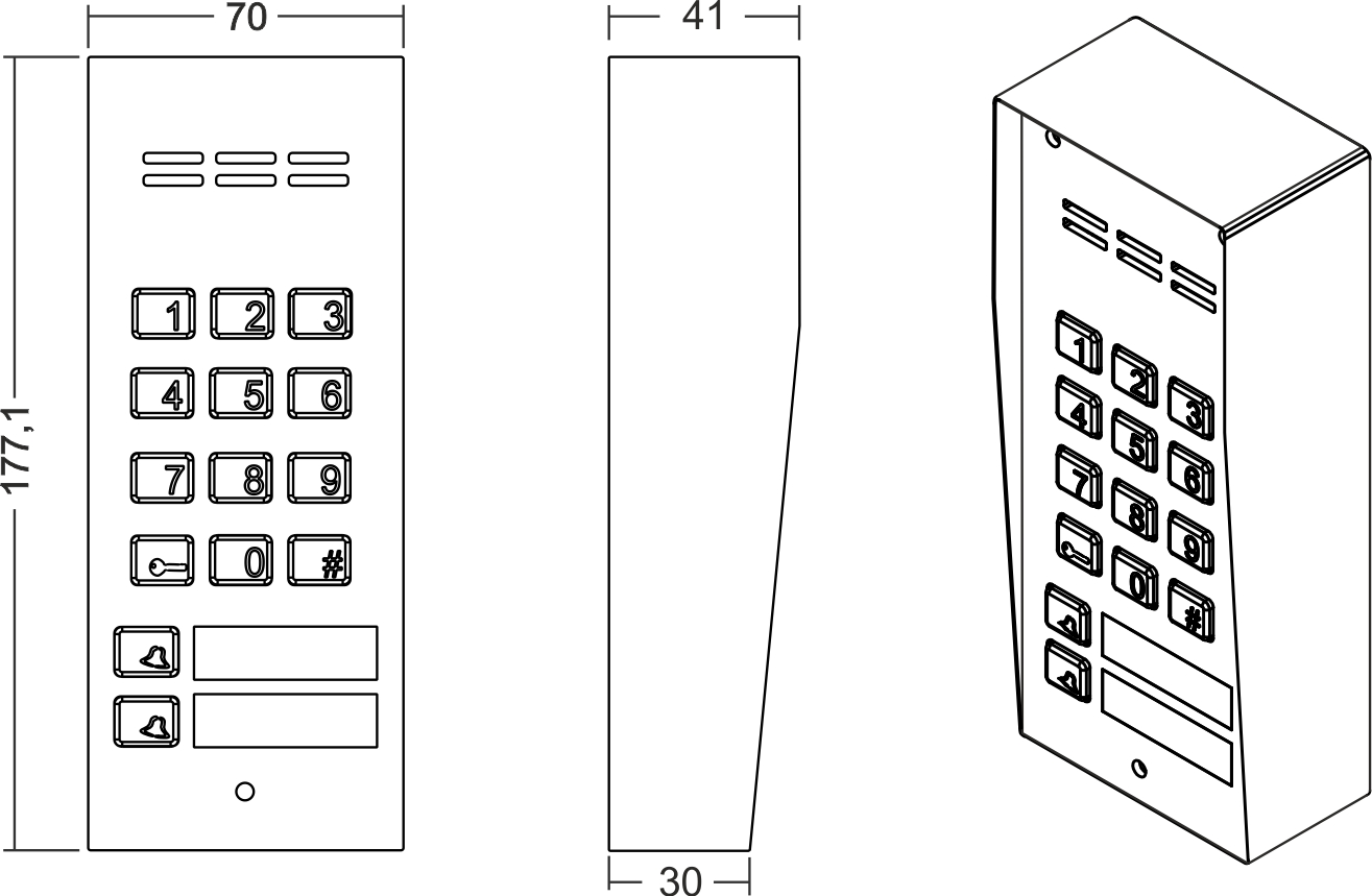 COMO-PRO-A3 NT Domofon cyfrowy z czytnikiem breloków i 3 przyciskami - Wymiary