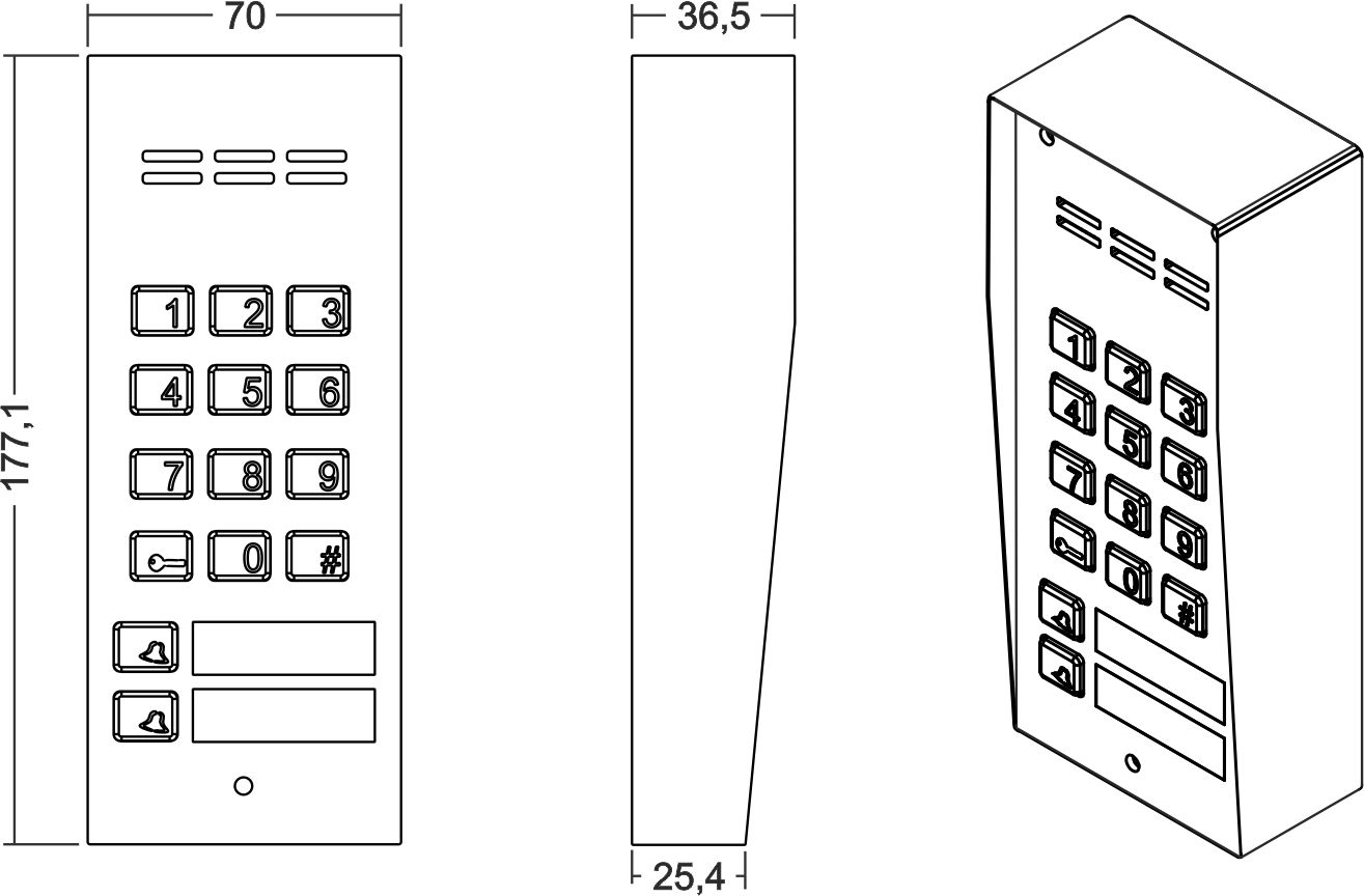 FAM-P-2NPZSACC NT Domofon cyfrowy z zamkiem szyfrowym, czytnikiem breloków oraz 2 przyciskami - Wymiary
