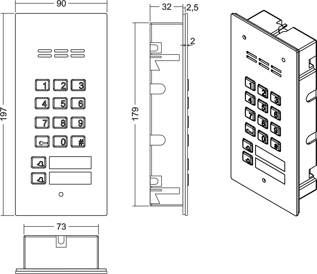 FAM-P-1NPACC Domofon cyfrowy z czytnikiem breloków i 1 przyciskiem - Wymiary