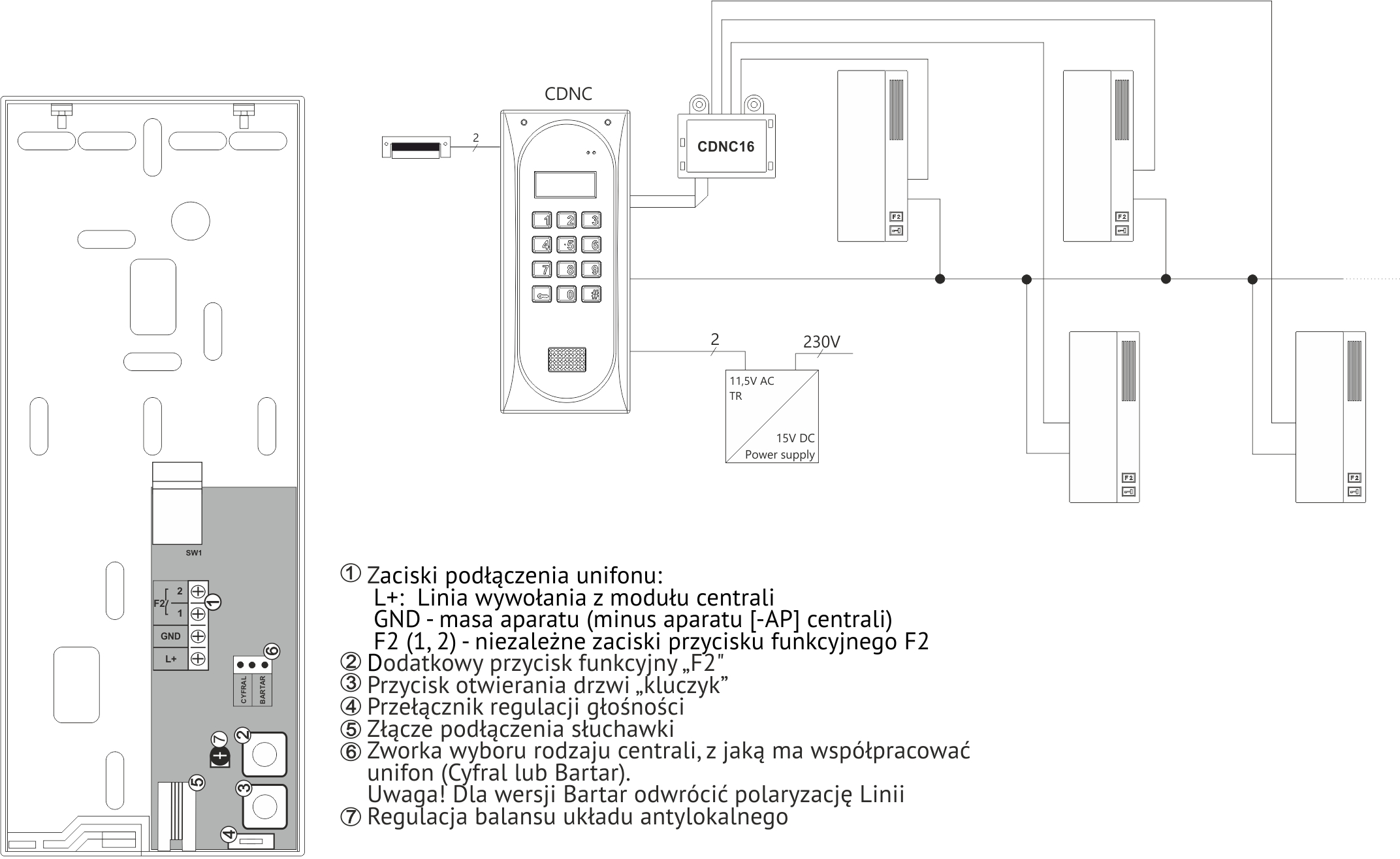 INS-UC720M Unifon typu „Cyfral”/”Bartar” z magnetycznym odkładaniem słuchawki - Schemat