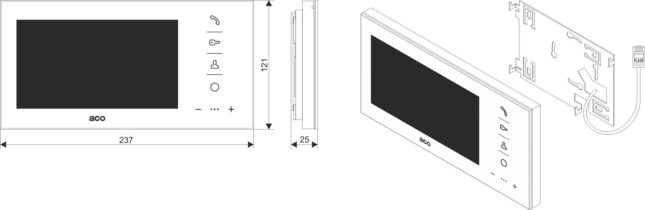 GLASS-PRO-7 WH Wideomonitor cyfrowy, głośnomówiący ze szklanym frontem i kolorowym wyświetlaczem 7” - Wymiary