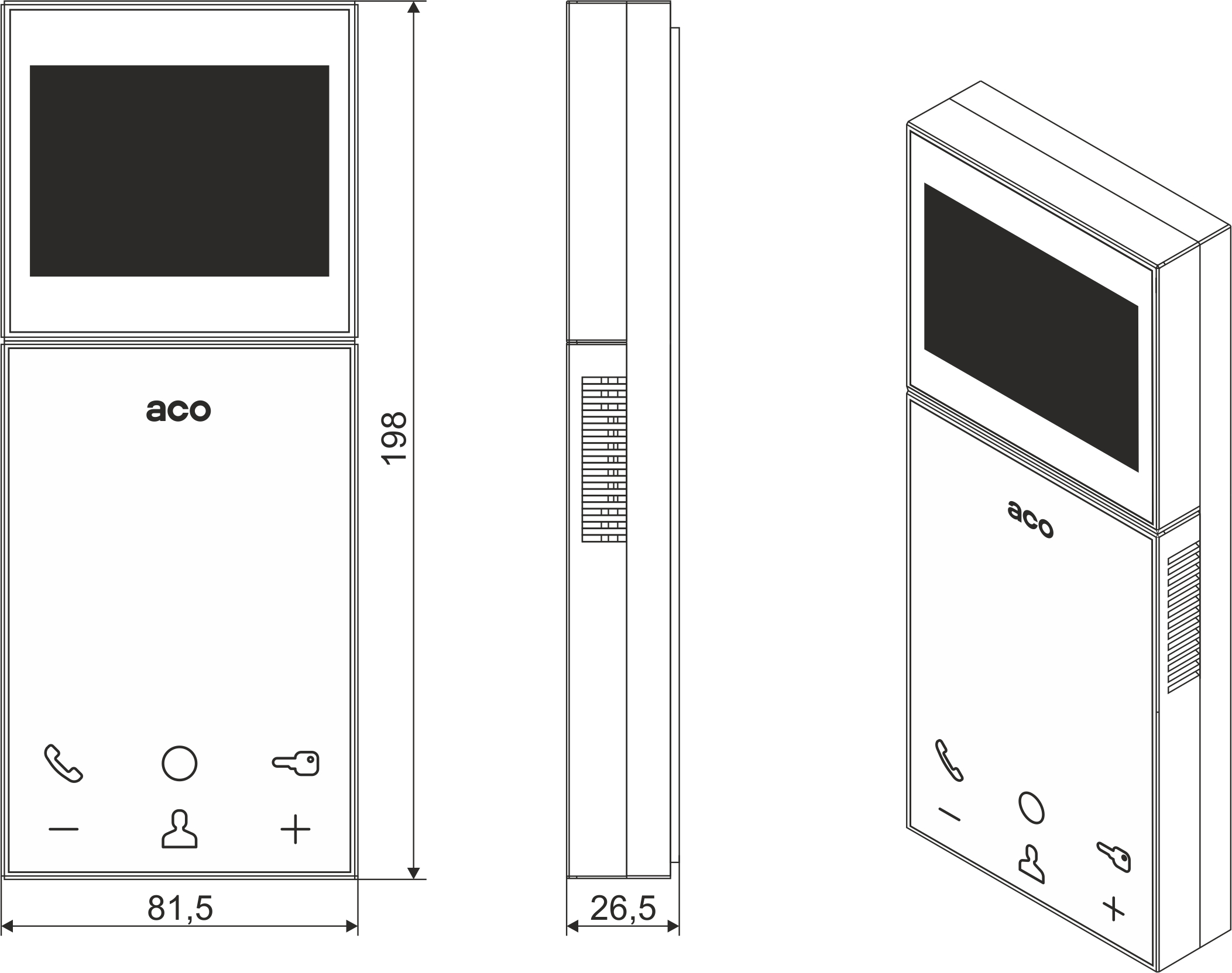 MP800 3,5” Handsfree video inside unit - Dimensions