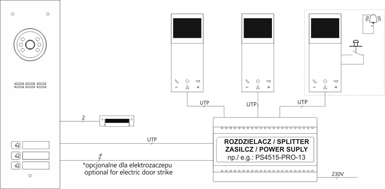 MPRO800 3,5″ Wideodbiornik głośnomówiący z płaskim frontem i 3,5 calowym kolorowym wyświetlaczem, z dotykowymi ikonami, do systemu PRO. - Schemat
