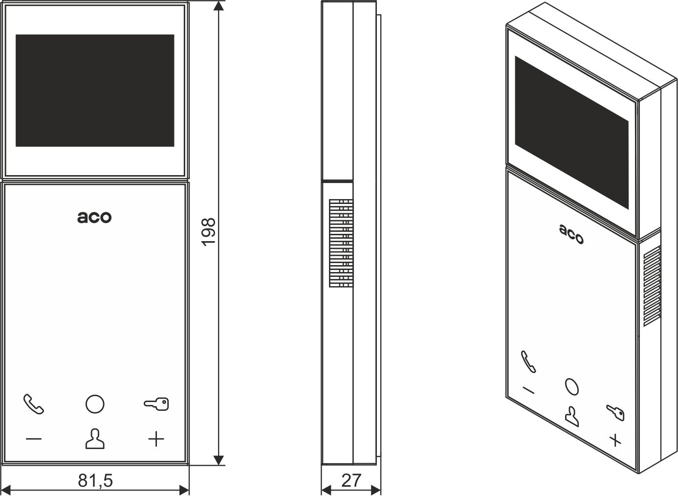 MPRO800 3,5″ Wideodbiornik głośnomówiący z płaskim frontem i 3,5 calowym kolorowym wyświetlaczem, z dotykowymi ikonami, do systemu PRO. - Wymiary