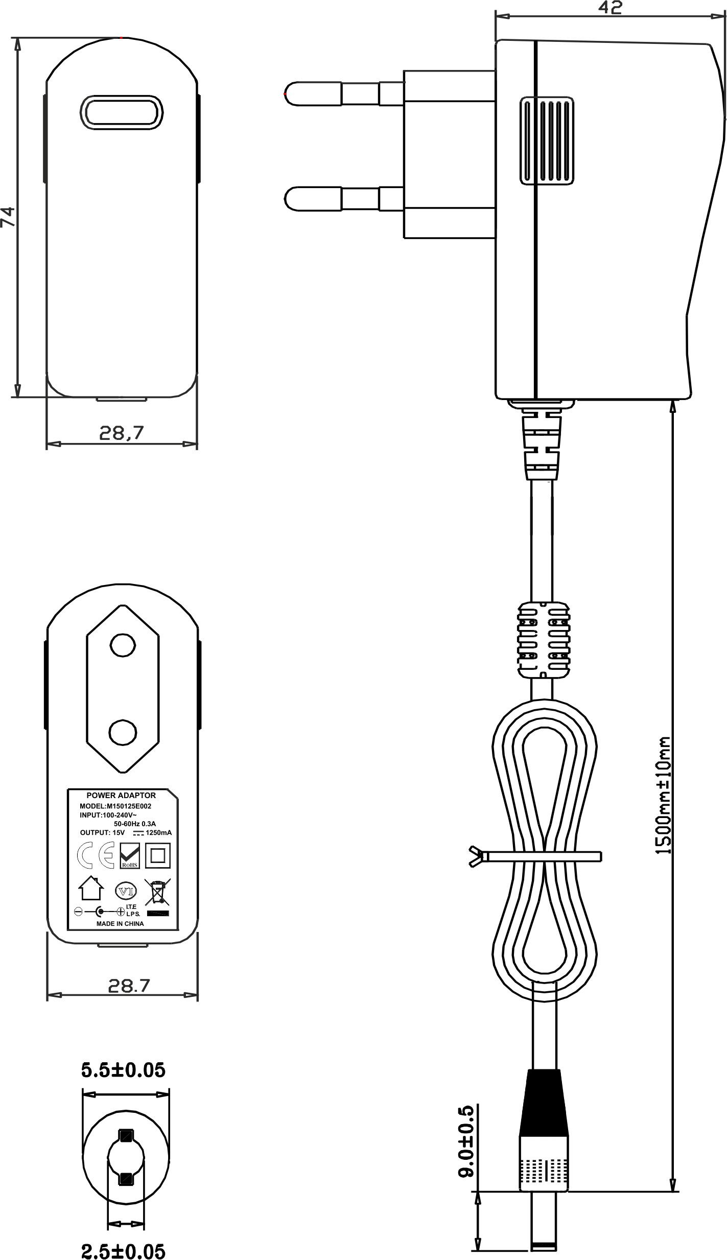 PS18-15 ZW Zasilacz wtyczkowy prądu stałego - Wymiary