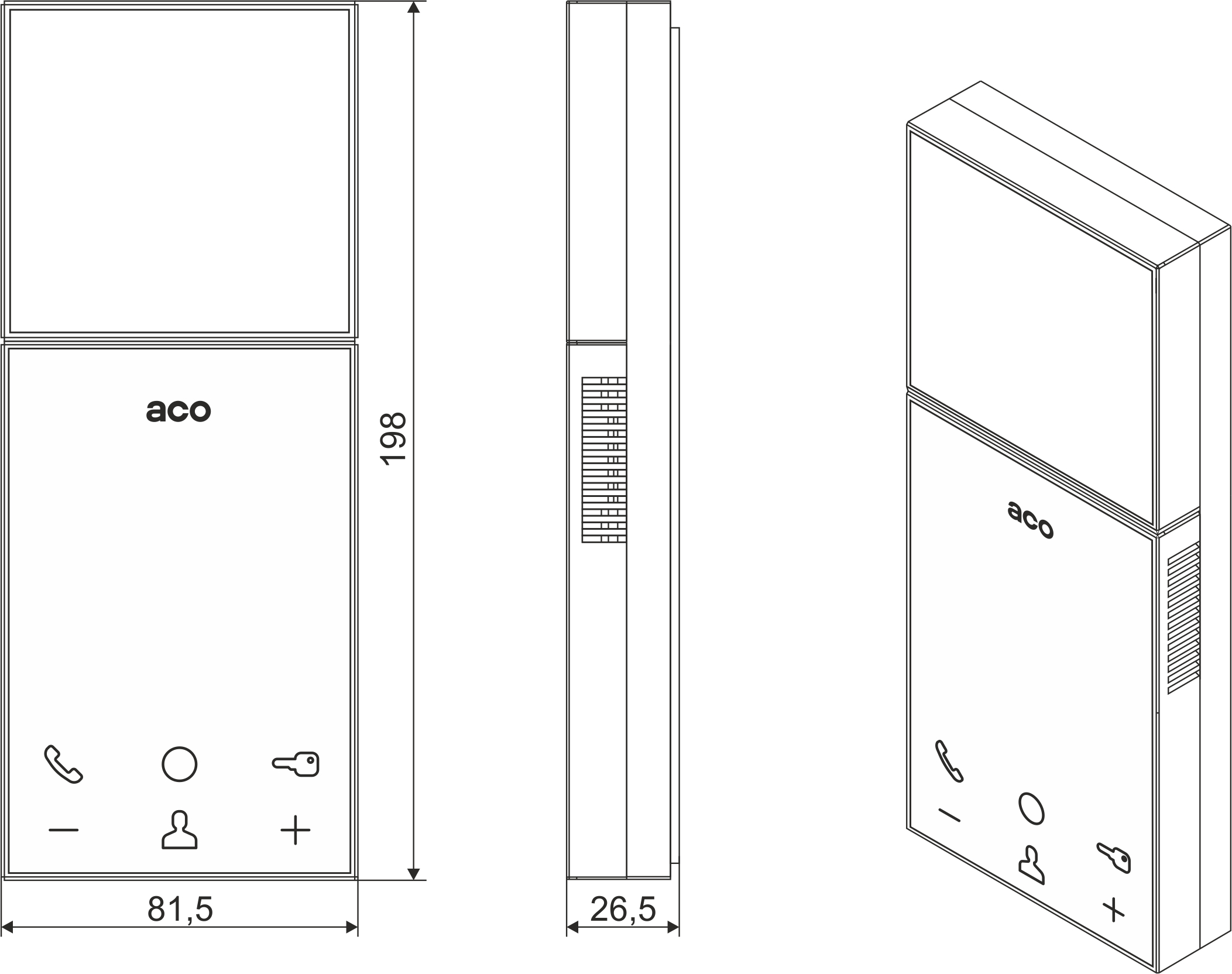 UP800V Unifon cyfrowy głośnomówiący z możliwością rozbudowy o wyświetlacz LCD - Wymiary