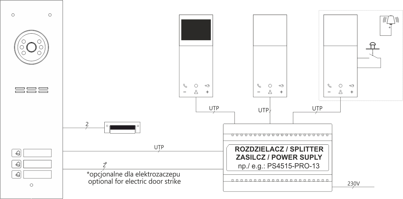 UPRO800V Audio-Freisprechempfänger mit flacher Front und taktilen Funktionssymbolen, für PRO-System, erweiterbar um 3,5″ Videobildanzeige - Diagramm